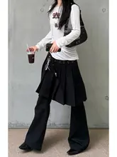 大きいサイズの韓国風ブラックパンツ【スカート重ね着・一体型・ビジネスカジュアル】（セットアップ対応）
