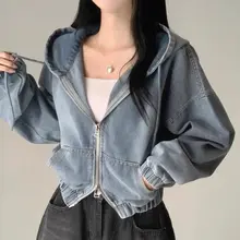 秋用 ビンテージ風 ダブルジッパー ポケット付き フード付き デニムジャケット【ゆったりデザイン】