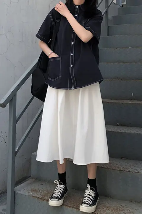 白色コットン製 Aライン中長丈スカート【ジャンプスカート・レトロ文芸スタイル・学生向け】
