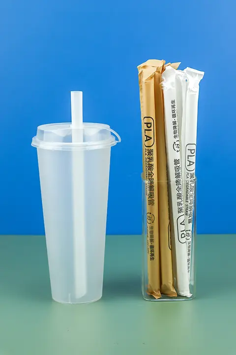 高温耐性の使い捨てPLAストロー【コーヒー・ミルクティー用・独立包装・太タイプ】