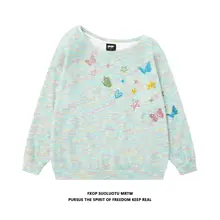 蝶柄の片肩デザインカラフルニット長袖Tシャツ【女性用・薄手・カジュアル】