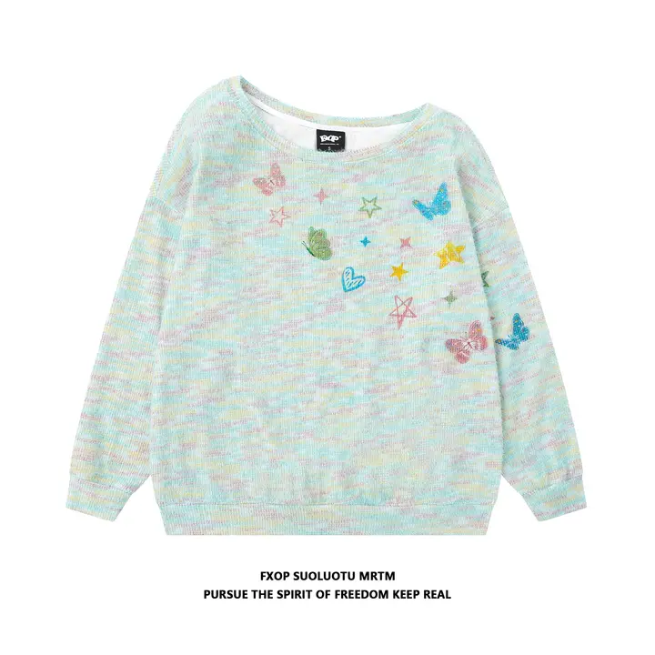 蝶柄の片肩デザインカラフルニット長袖Tシャツ【女性用・薄手・カジュアル】