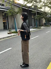 カキ色のコットン製ストレートワイドパンツ【秋冬用・小柄女性向け・した九分丈デザイン】