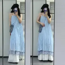 エレガントなブルーのキャミソールワンピース【夏用・リゾートスタイル・ロングドレス】（セットアップ対応）