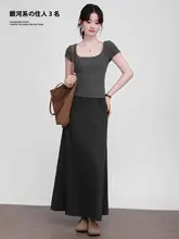 高腰フレアニットスカート【グレー・Aライン・ミディ丈・体型カバー】