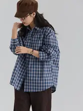 チェック柄のコットンシャツ【ゆったりした韓国風・通勤スタイル・春用・女性用】