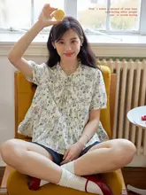 Nov elist 花柄シャツ【夏用・フリルデザイン・リボン結び・女性用】