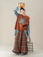 ニットベスト レディース クルーネック 女の子モチーフ オレンジ ヴィンテージ ルーズ 着回し 秋
