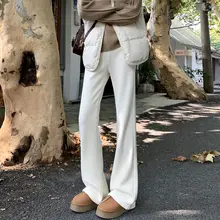 米白色 厚手のコーデュロイ ニットフレアパンツ【高腰・秋冬用・カジュアル・体型カバー】
