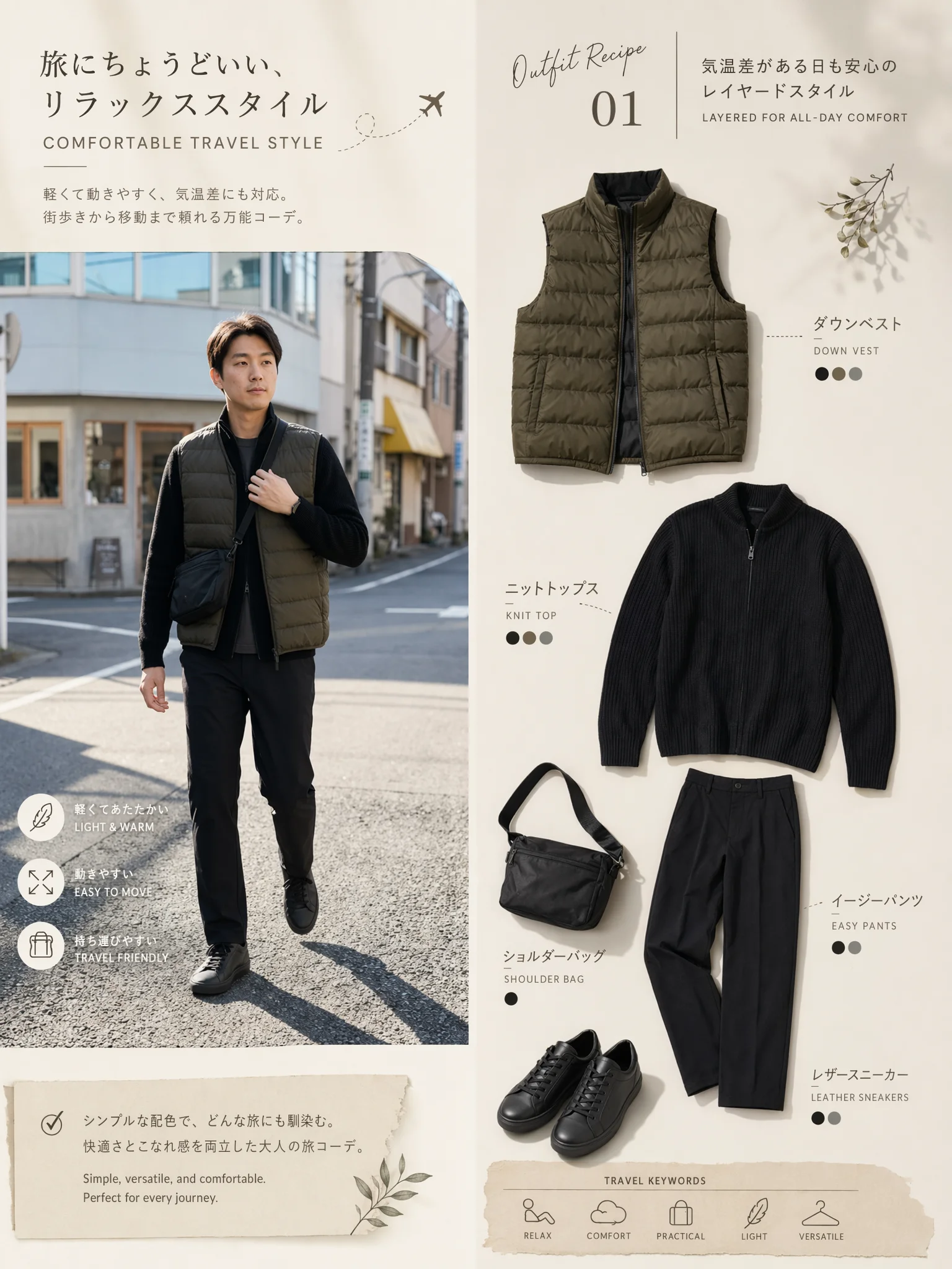 黒のパンツと黒のシューズを合わせたシンプルな着こなしの主画像