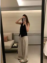 ストライプデザインの高腰ワイドレッグパンツ【夏用・薄手・大きいサイズ対応】（セットアップ対応）
