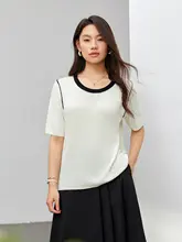 セミフィットデザインのカラーコントラストラウンドネックニットトップス【大きいサイズ・夏用】（セットアップ対応）