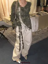 白色パッチワーク付きフリルデザインのウエストドローストリングエラスティックワイドパンツ【女性用・長pants】（セットアップ対応）