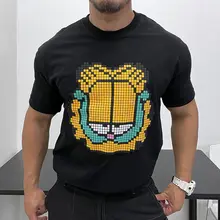 質感ある発泡プリント メンズ修身半袖Tシャツ【全棉・小さめネック・夏用】
