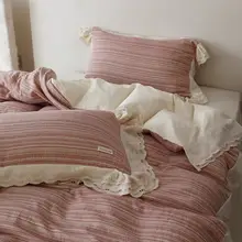 フリル付き フレンチカントリースタイル 二層のオーガンザ四点セット【綿100%・ピンク・素敵なデザイン】（セットアップ対応）