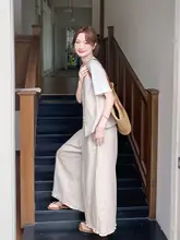 独特で美しい夏用レディースコーディネート【シンプルなベスト・白Tシャツ・ワイドパンツ】（セットアップ対応）