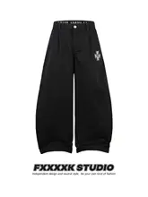 アメリカンビンテージ風 ゴシック刺繍入り ワイドレッグパンツ【カジュアル・ハイウエスト・フィット】