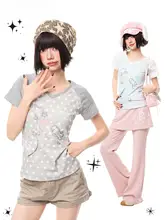 半袖Tシャツ レディース サブカル 星柄 猫プリント Vネック ハート パッチワーク 短丈 若見え 夏