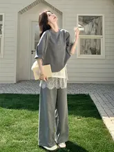 フィット 短袖Tシャツとワイドパンツの夏用セットアップ【レース切替デザイン・女性用】（セットアップ対応）