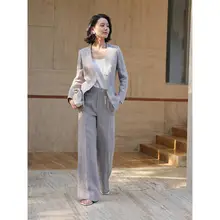 セットアップ レディース リネン ノーカラージャケット ハイウエストパンツ スモーキーパープル 抜け感 通勤 オフィスカジュアル