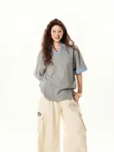 レトロ学院風 ポロカラー半袖Tシャツ【夏用・ゆったりデザイン・レイヤード風】（セットアップ対応）