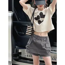 韓国風 カラーブロックデザイン 女の子用 半袖Tシャツ【夏用・カジュアル・短め】（セットアップ対応）