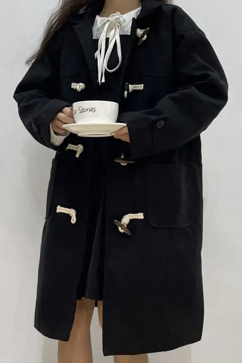 レディース 秋冬用 コート【ゆったりシルエット・ウール混・フード付き・レトロデザイン・フロントボタン】
