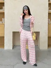 軽量フード付きストライプデザインの防寒カーディガンとパンツ（セットアップ対応）