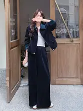 フレンチヴィンテージ風 高級感あるコントラストカラージャケットとワイドパンツ（セットアップ対応）