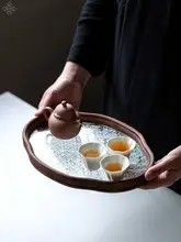 ガラス製の海棠模様の茶托盤【竹製・シンプルデザイン・ティールームやフルーツ用】