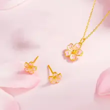 ピンク桜花デザイン ネックレス【純銀メッキ・エナメル仕上げ・鎖骨チェーン・ギフトに最適】