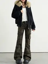 迷彩デザインの工装パンツ【米国風・多ポケット・フレアシルエット・ローウエスト】（セットアップ対応）