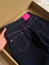アメリカンレトロな深い青のローウエストワイドレッグデニムパンツ【夏用・デザイン性・ロング丈】