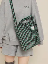 トートバッグ レディース キャンバス グリーンチェック柄 ヴィンテージ 2WAY 手提げ 斜め掛け ショッピングバッグ