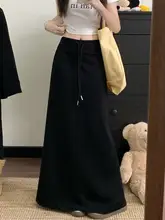 グレーのドローストリング付きハイウエストAラインスカート【夏用・スタイル・ミディ丈】