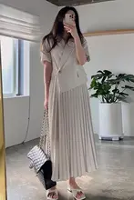 ワンピース 半袖 【ワンボタン・ウエストマーク・アシンメトリー・プリーツ】