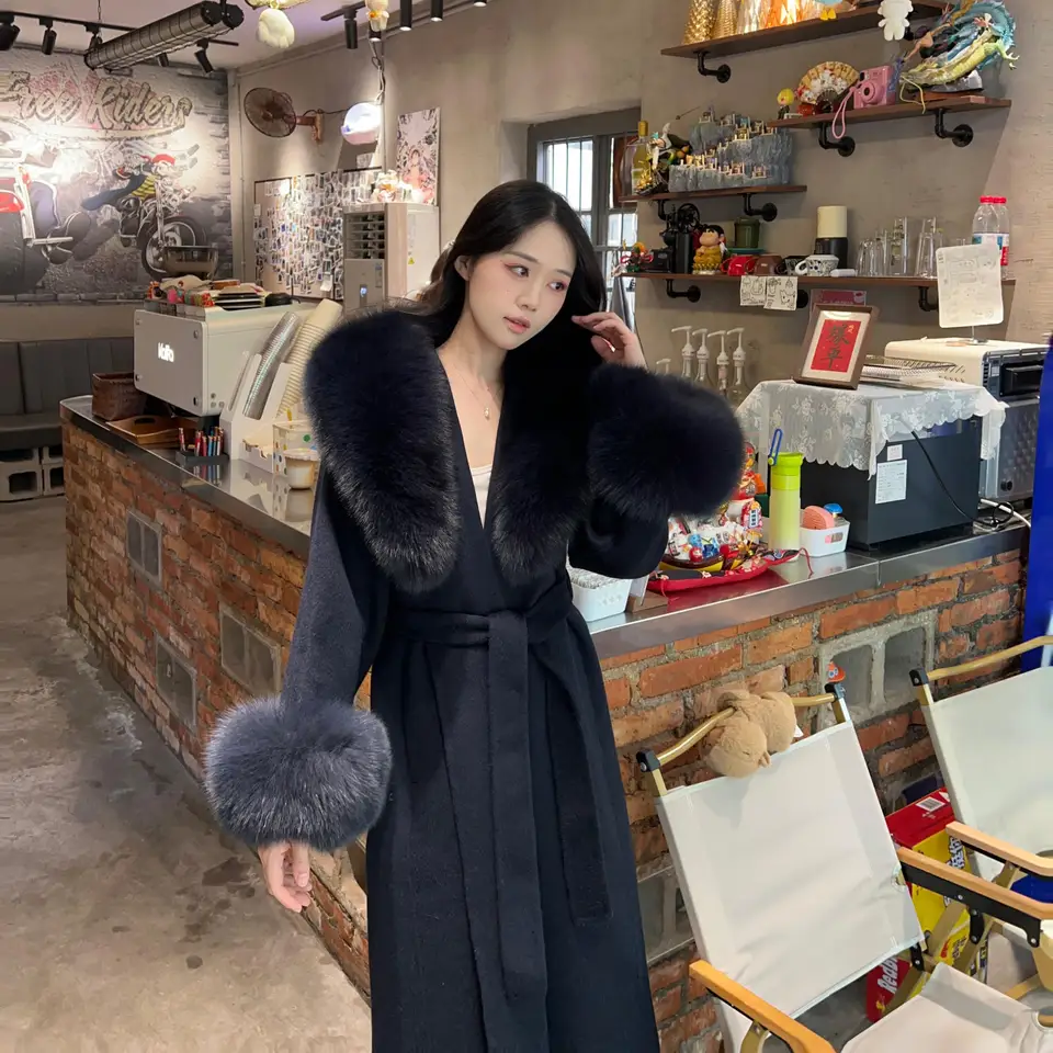 フェイクファー付き ツイード風 ダブルフェイスウールコート【中長丈・ウエストリボン・スタイリッシュ】