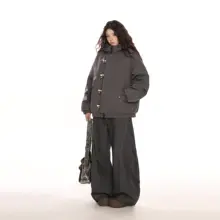 BIGGOLD フード付きグレーコットンジャケット【牛角ボタン・冬用・暖かい】