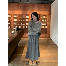 Aラインアウターウールスカート【秋冬用・高腰・グレー・厚手羊毛ニット・タイトシルエット】