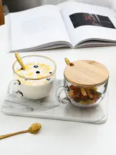 ゴールドリム付きガラス製朝食カップ【大容量・蓋付き・スプーン付き・電子レンジ対応】