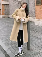 カーキ色の中長丈フリースコート【冬用・羊毛・加厚デザイン】