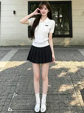 黒のスーツ風ひざ上スカート【夏用・Aライン・プリーツデザイン・JKスタイル】（セットアップ対応）