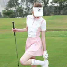 ZG-6 ゴルフ用 レディース 夏向けスポーツウェア【高級Tシャツ・速乾・短袖・ピンクのプリーツスカート】（セットアップ対応）