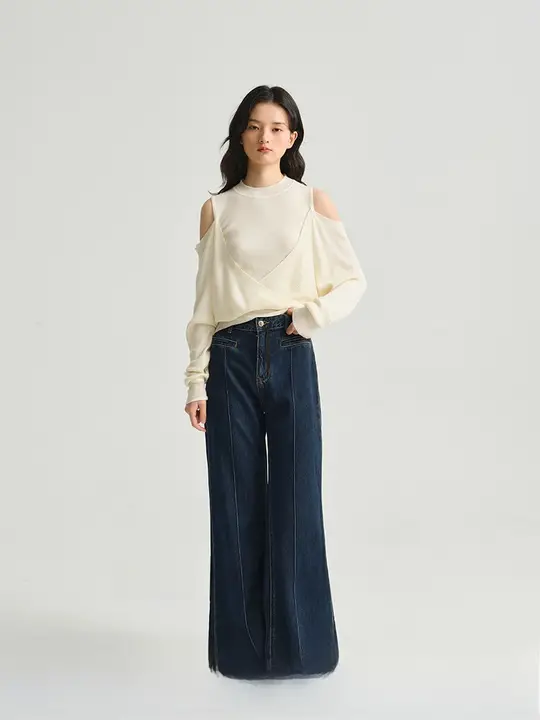 肩出しデザインのニットトップス【春用・修身・ロングスリーブ・インナー】