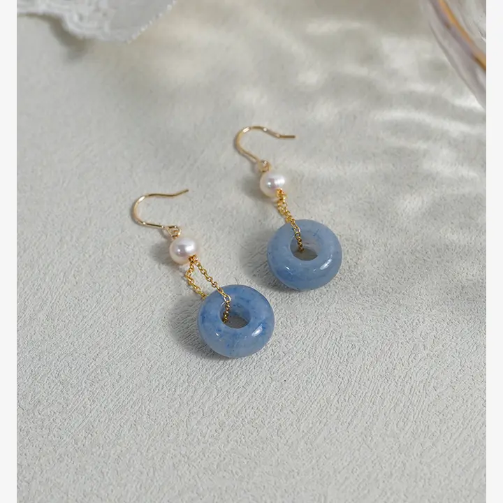 新中式デザインの青い東陵真珠イヤリング【十四金メッキ・軽やかで上品・女性用】