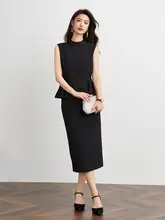 夏用 ブラック 薄手 ノースリーブ ラウンドネック トップス【ビジネスシーン向け・美しいシルエット】スカート（セットアップ対応）