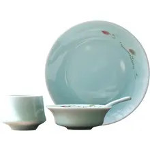 手描き一人用陶器食器セット【皿・スプーン・カップ付き・レストラン用】