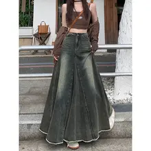 大きいサイズ レディース ヴィンテージ風 アメリカンデザイン デニム マーメイドスカート【ハイウエスト・フリンジデザイン・Aライン】