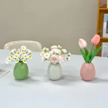 可愛い陶器製デスクトップ花瓶【クリーム風・フェイクフラワー飾り・オフィス装飾用】