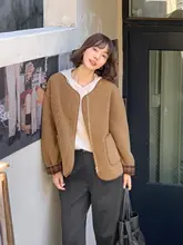 秋冬用ブラウンチェック柄ジャケット【女性用・ショート丈・カジュアルデザイン】（セットアップ対応）